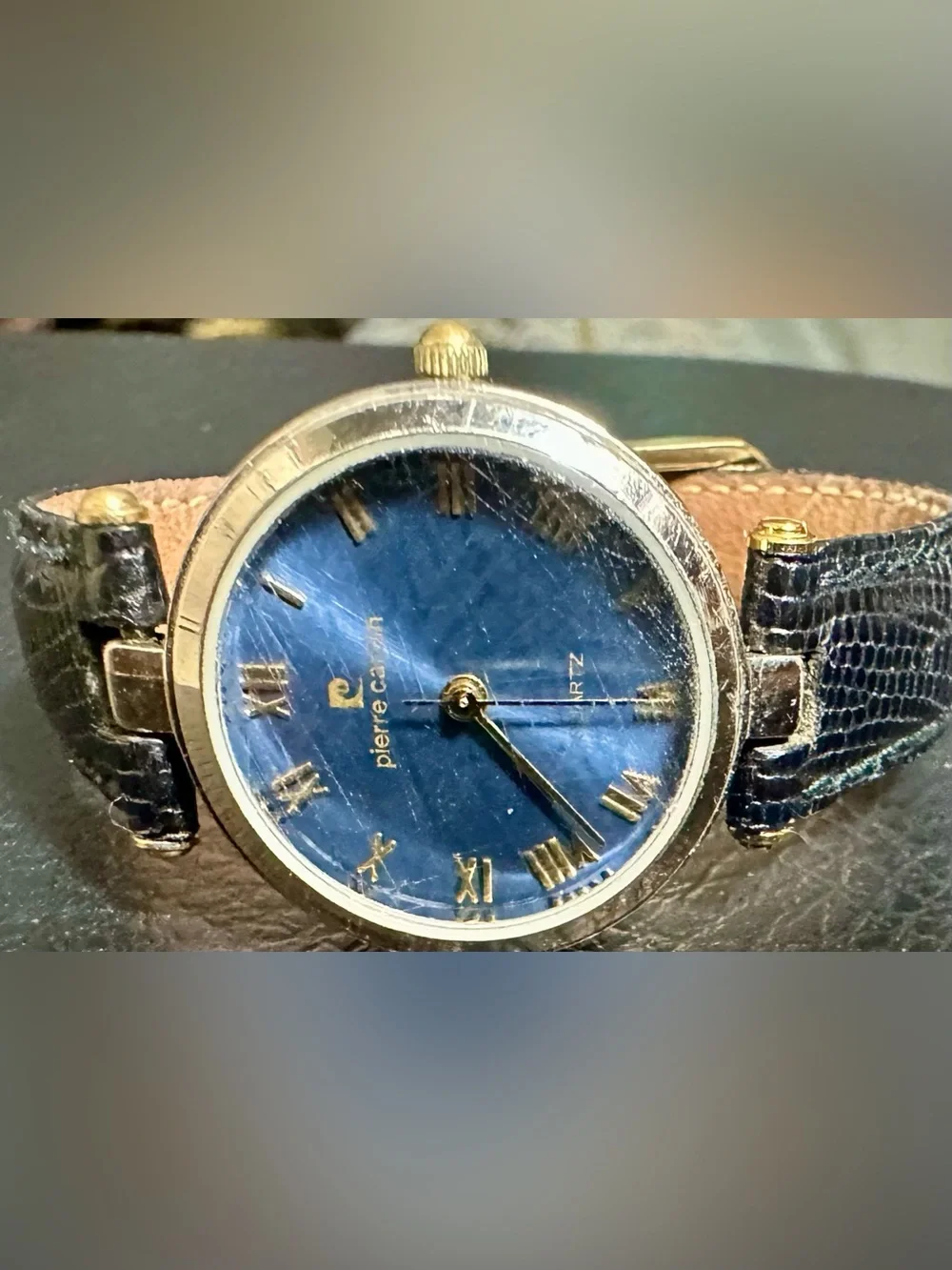 Pierre Cardin Blue Dial Gold-Tone Case Black Leather Strap Watch